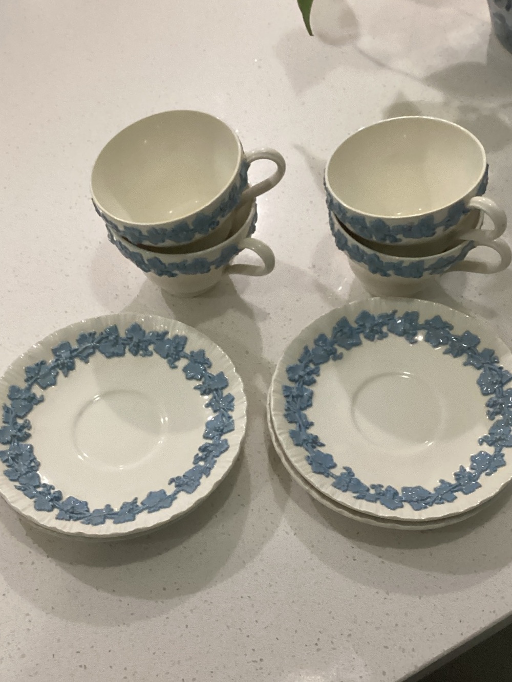 Wedgwood White Porcelain Teacups and Saucers with Blue Floral Relief